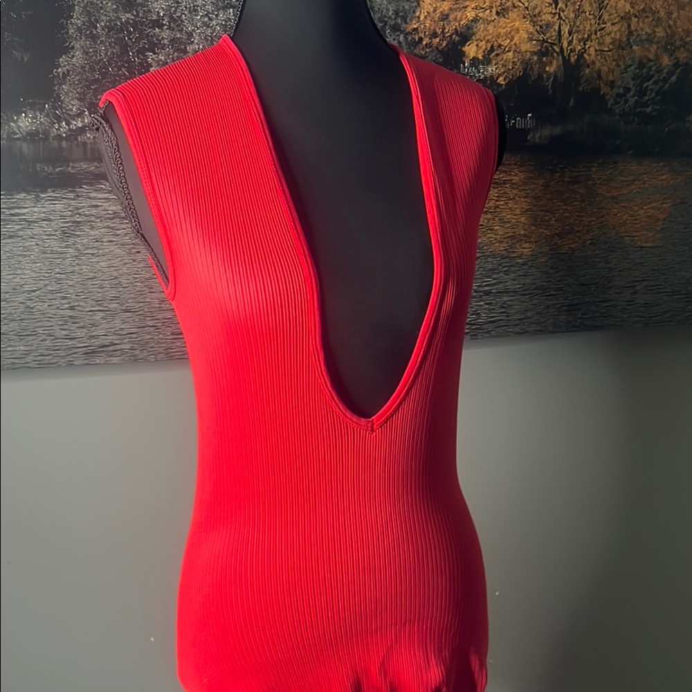 Private Label Red Ribbed Sleeveless Bodysuit